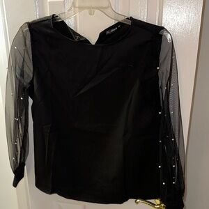 NWOT Black Top with Sheer Sleeves & pearls